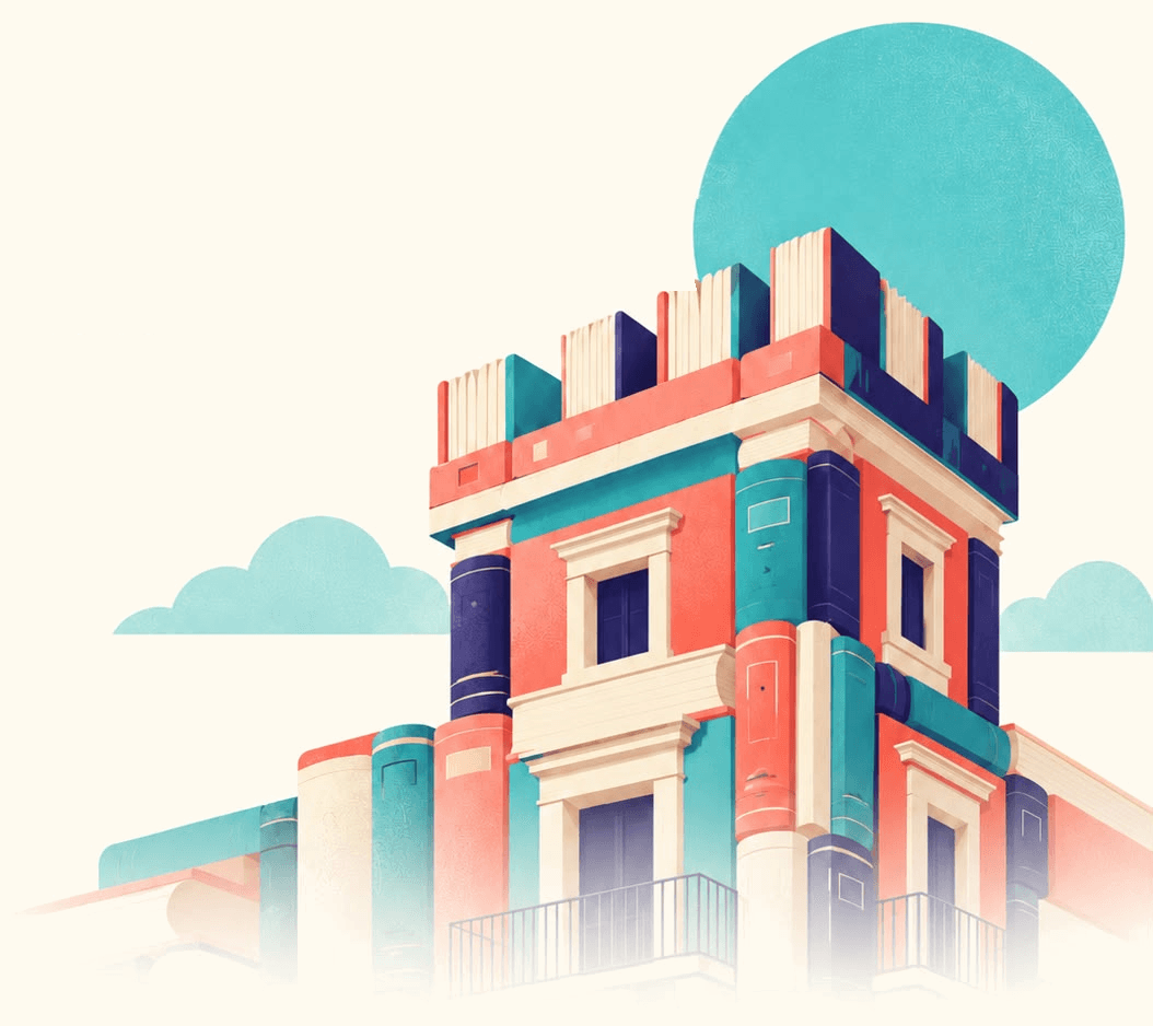Illustrazione del manifesto: la torre del castello di Acate costruita con libri colorati, sotto un sole turchese.